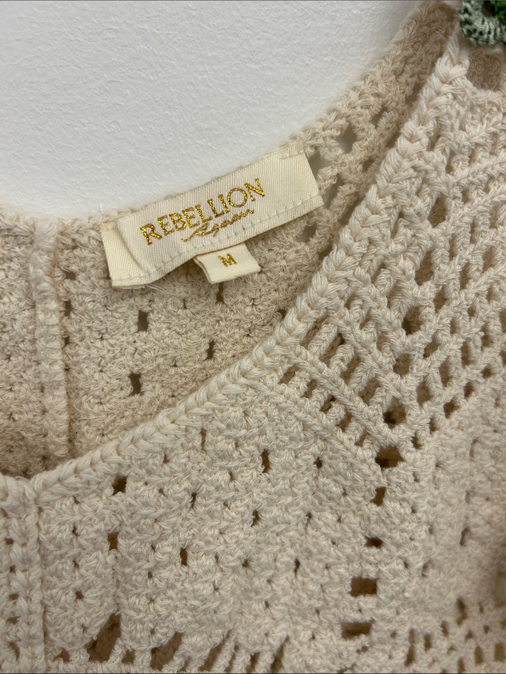 Rebellion Cream Crochet Boho Knit Tank Top with Appliqué Butterflies Size Med - Picture 3 of 8